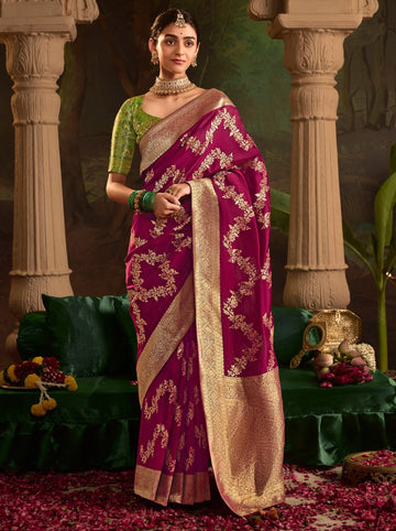 RAAS Magenta Pink Crepe Dola Silk Designer Saree