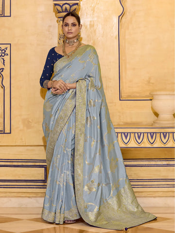 RajMahal Grey Pure Banarasi Silk Saree