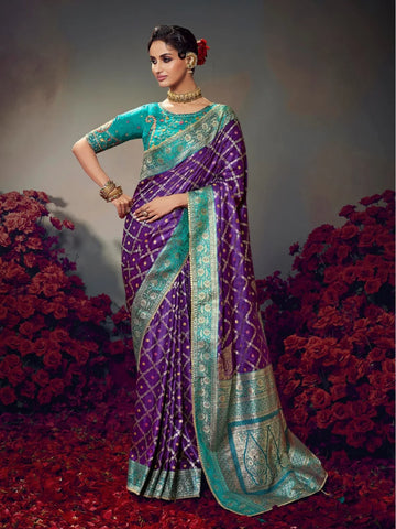 Keshva Silk Purple Satin-Based Saree with Lace Border & Heavy Embroidered Contrast Blouse