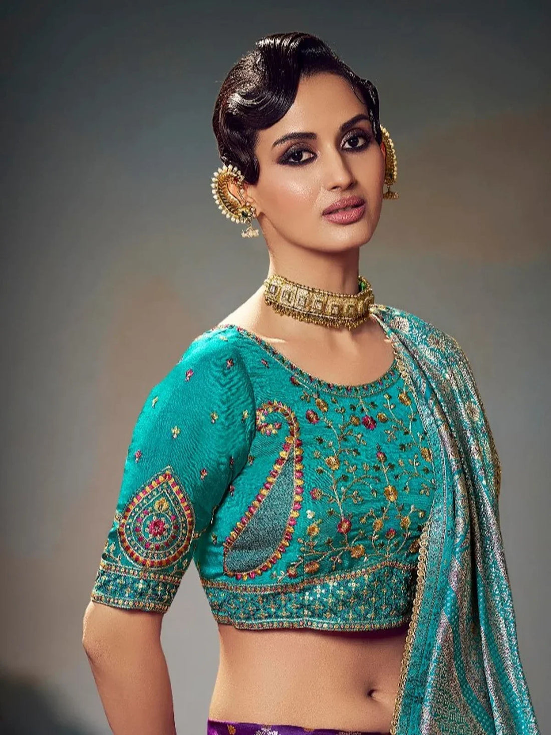 Keshva Silk Purple Satin-Based Saree with Lace Border & Heavy Embroidered Contrast Blouse