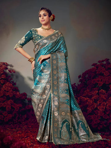 Keshva Silk Sea Green Satin-Based Saree with Lace Border & Heavy Embroidered Contrast Blouse