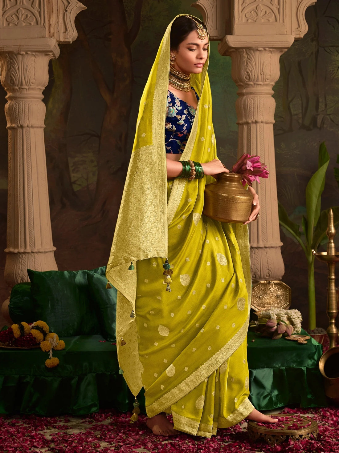 RAAS Pineapple Yellow Crepe Dola Silk Designer Saree